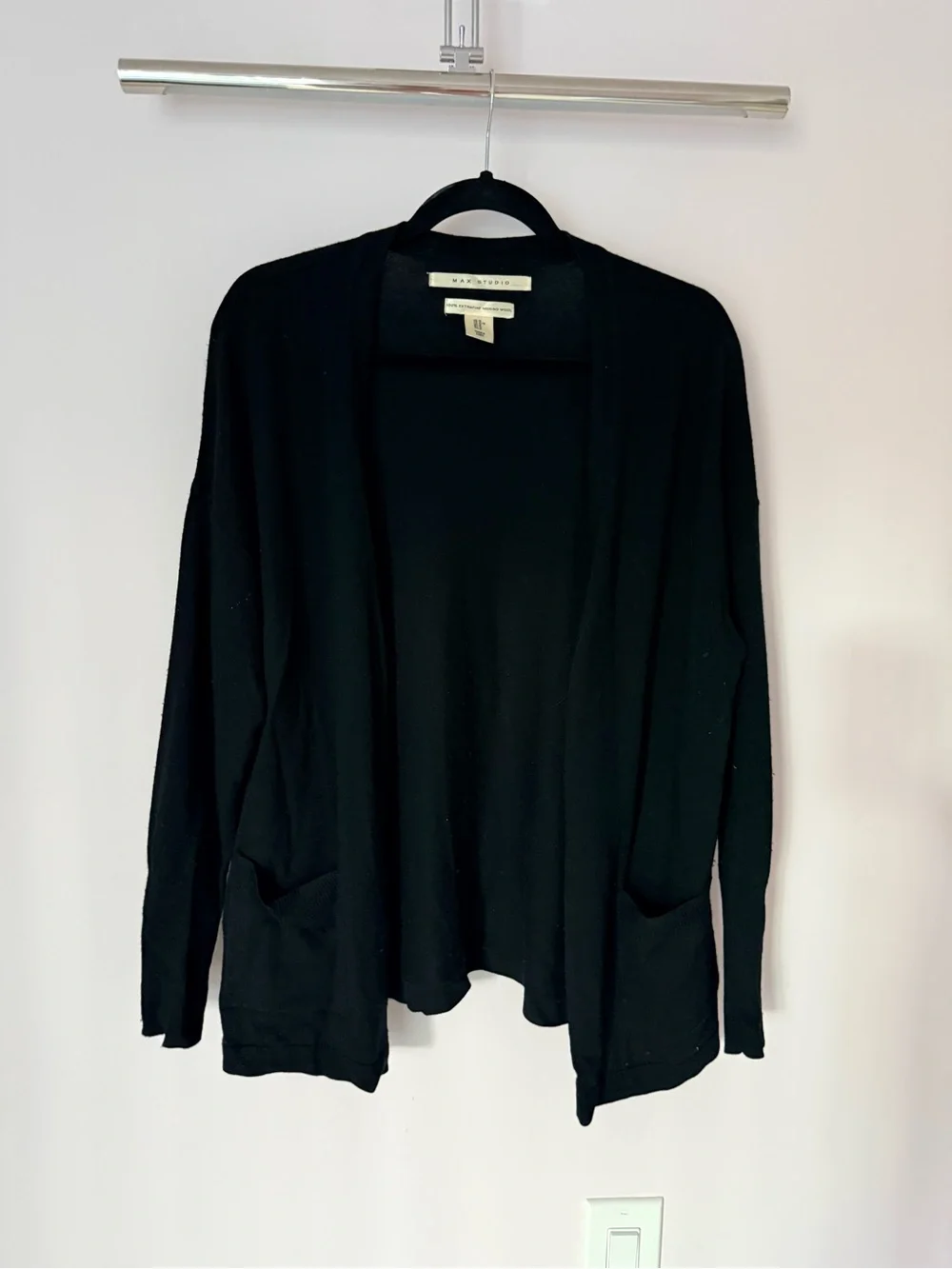 Max Studio Black Cardigan 100% Extrafine Merino Wool Open Front Pockets Size M
